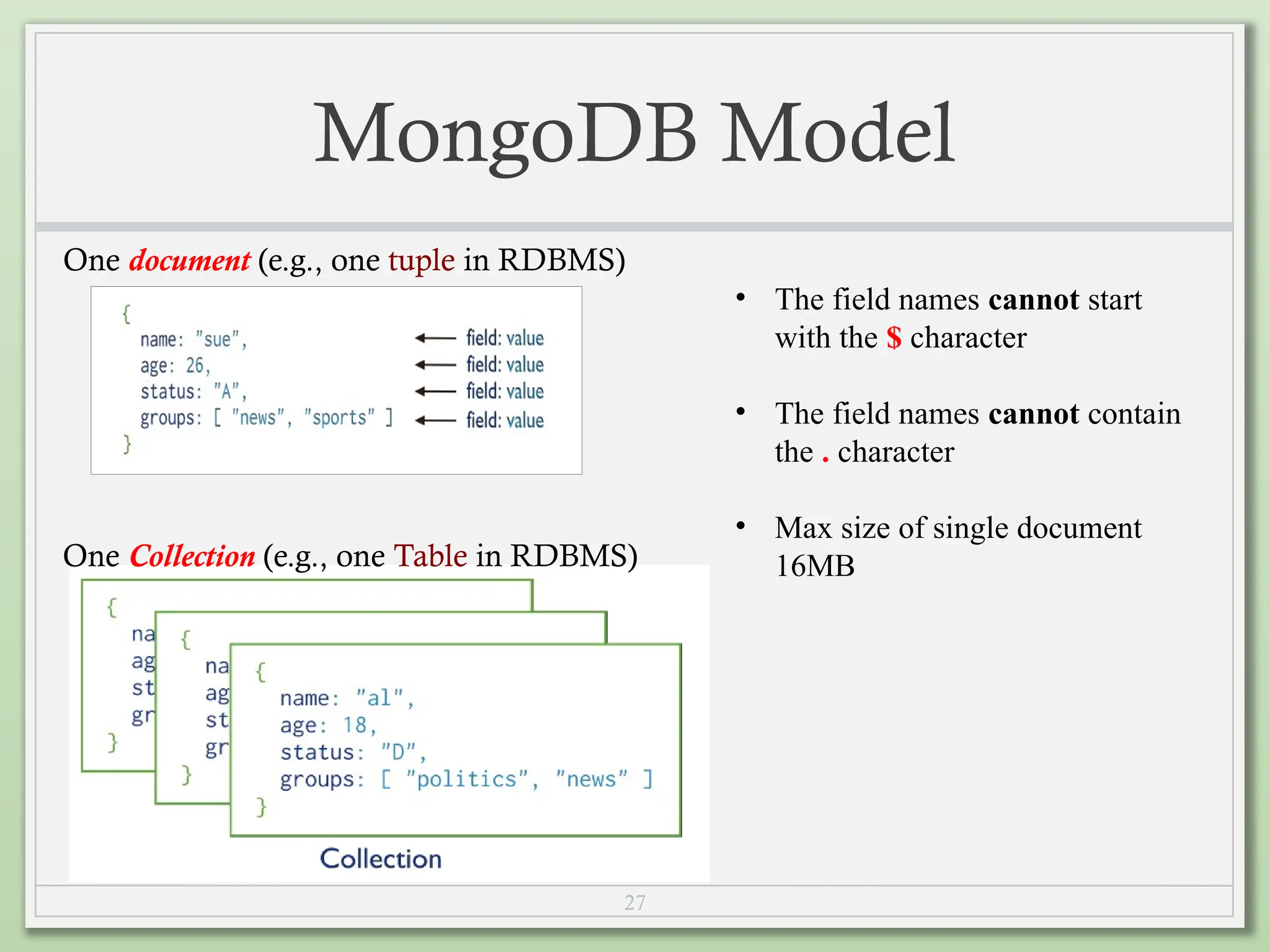 27
MongoDB Model
One document (e.g., one tuple in RDBMS)
One Collection (e.g., one Table in RDBMS)
• The field names cannot start
with the $ character
• The field names cannot contain
the . character
• Max size of single document
16MB
 