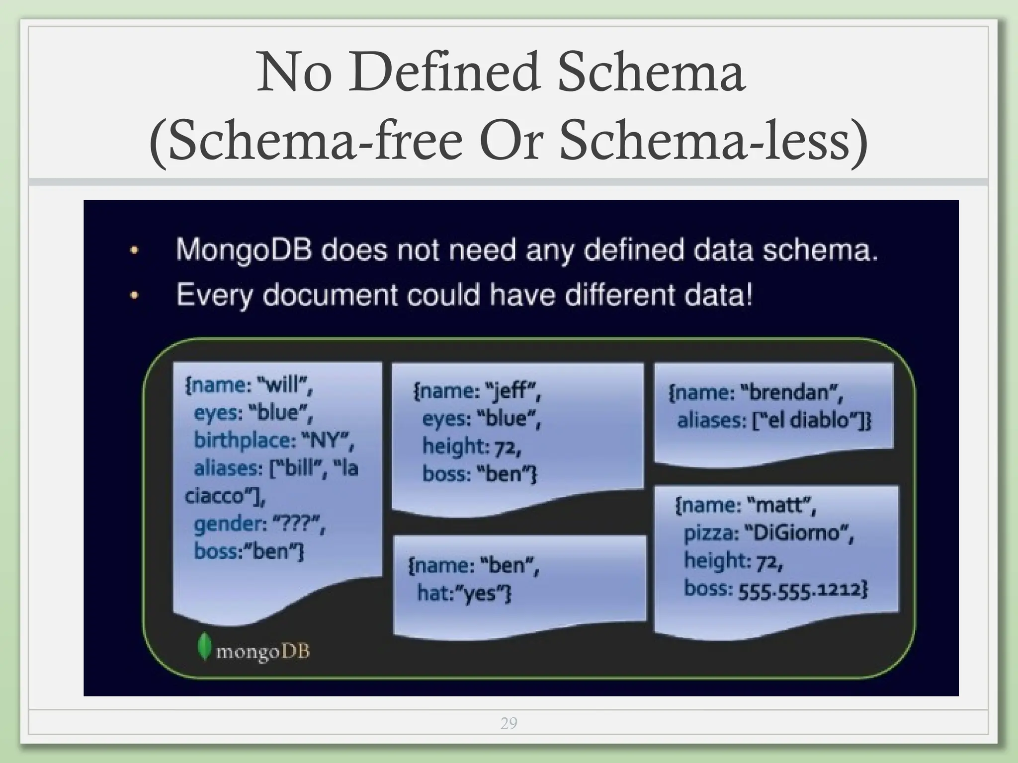 29
No Defined Schema
(Schema-free Or Schema-less)
 