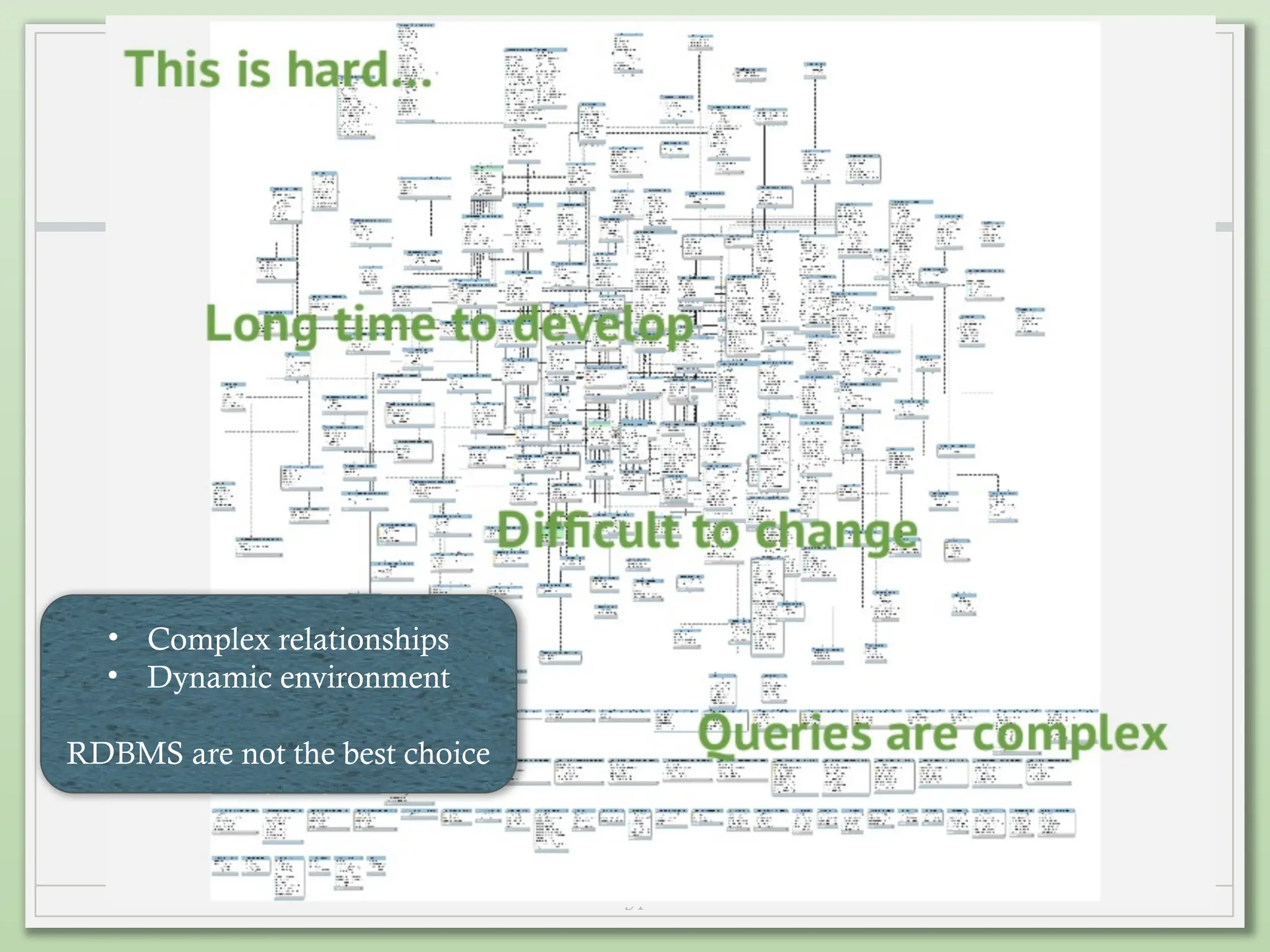 31
• Complex relationships
• Dynamic environment
RDBMS are not the best choice
 