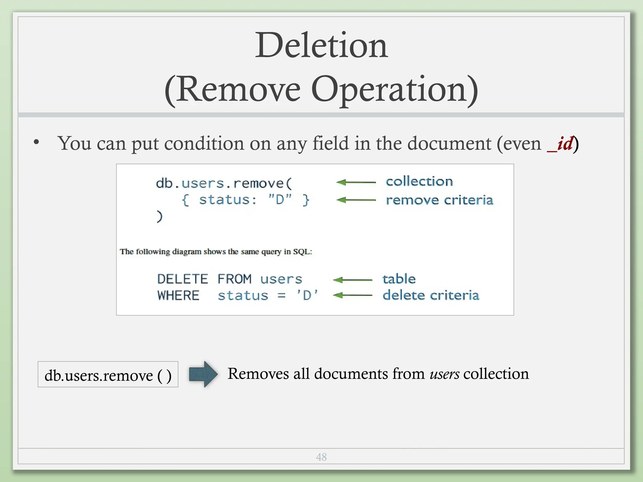 48
Deletion
(Remove Operation)
• You can put condition on any field in the document (even _id)
db.users.remove ( ) Removes all documents from users collection
 