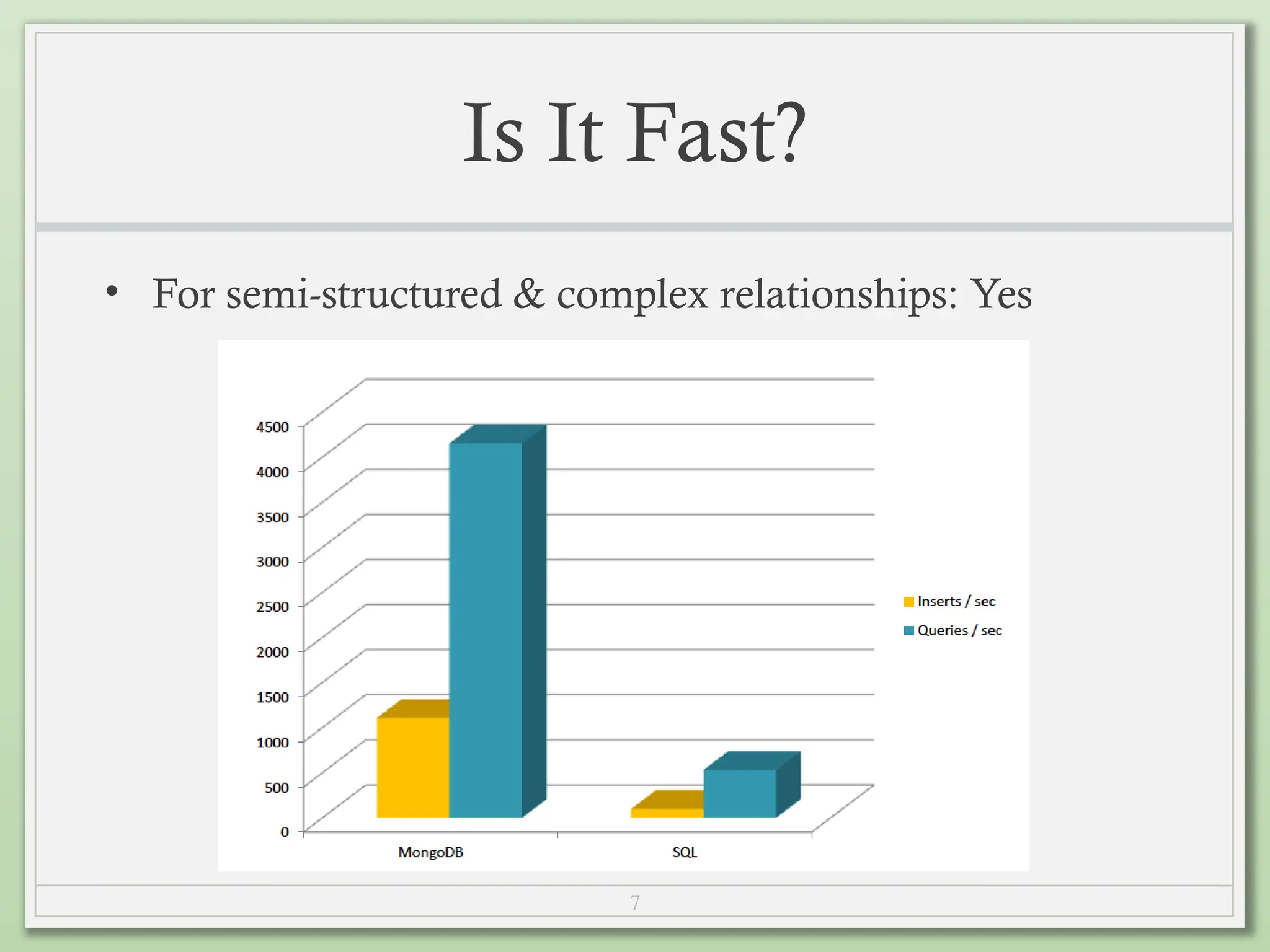 7
Is It Fast?
• For semi-structured & complex relationships: Yes
 