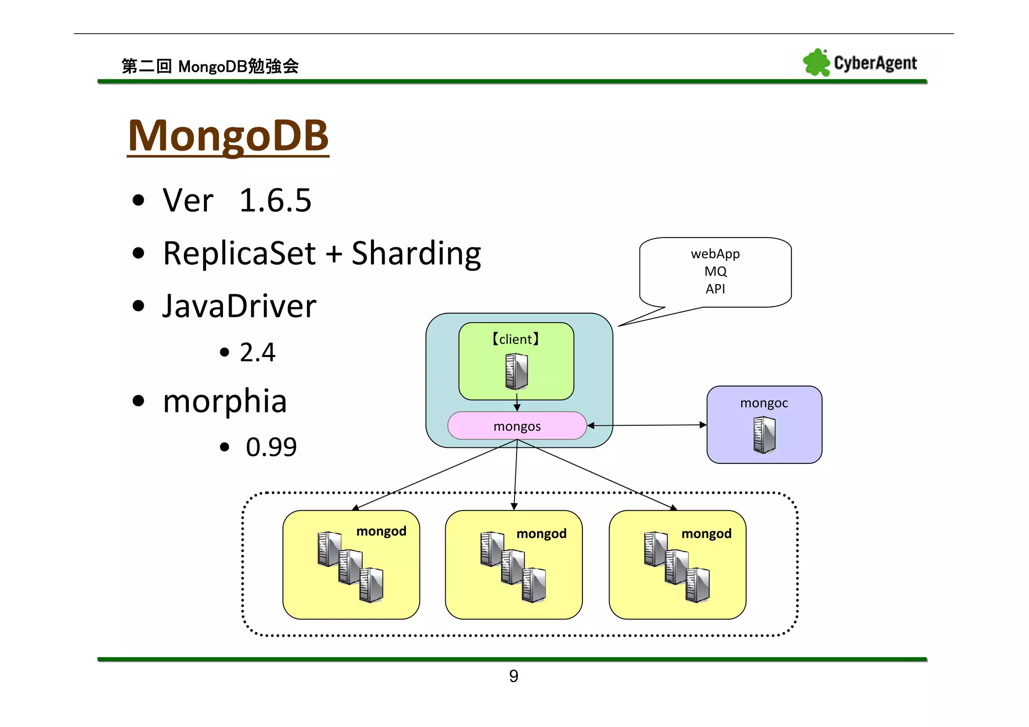 MongoDB勉強会
第二回 MongoDB勉強会



MongoDB
• Ver 1.6.5
• ReplicaSet + Sharding                 webApp
                                         MQ
                                          API
• JavaDriver
                          【client】
       • 2.4
• morphia                                       mongoc
                          mongos
       • 0.99

                 mongod       mongod   mongod




                            9
 