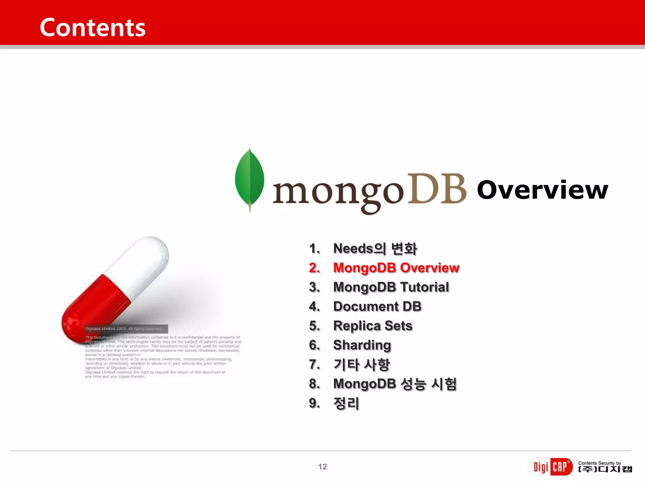 Contents




                                    Overview

           1.    Needs의 변화
           2.    MongoDB Overview
           3.    MongoDB Tutorial
           4.    Document DB
           5.    Replica Sets
           6.    Sharding
           7.    기타 사항
           8.    MongoDB 성능 시험
           9.    정리



            12
 