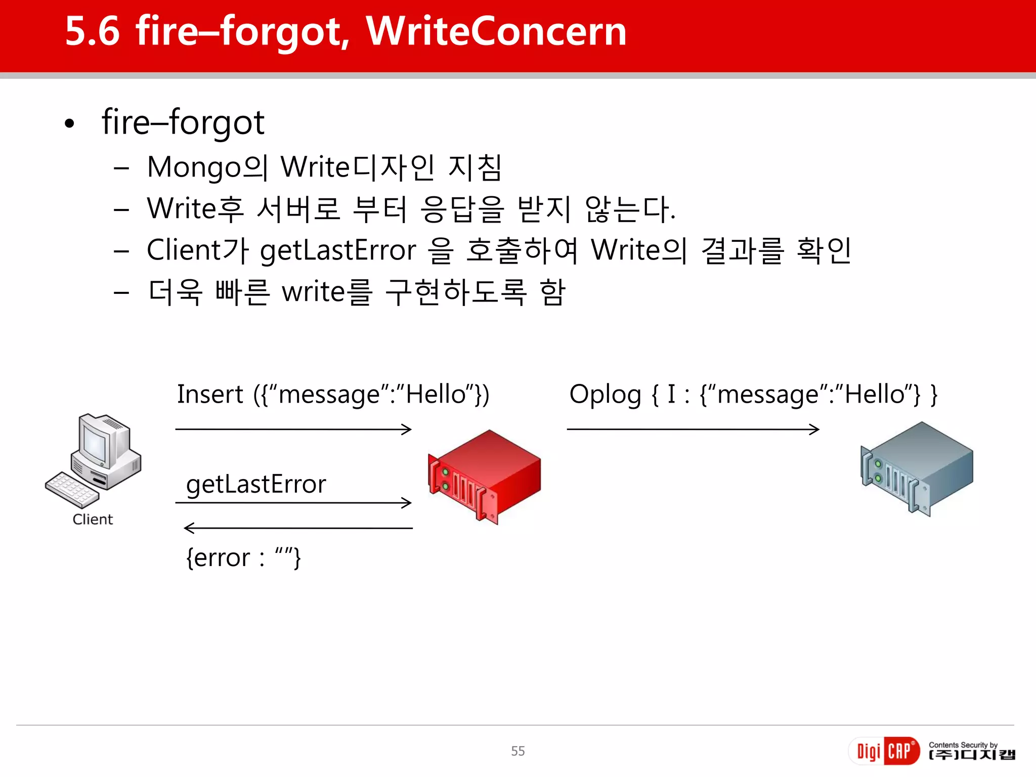 5.6 fire–forgot, WriteConcern

• fire–forgot
   –   Mongo의 Write디자인 지침
   –   Write후 서버로 부터 응답을 받지 않는다.
   –   Client가 getLastError 을 호출하여 Write의 결과를 확인
   –   더욱 빠른 write를 구현하도록 함


        Insert ({“message”:”Hello”})        Oplog { I : {“message”:”Hello”} }


         getLastError

         {error : “”}




                                       55
 