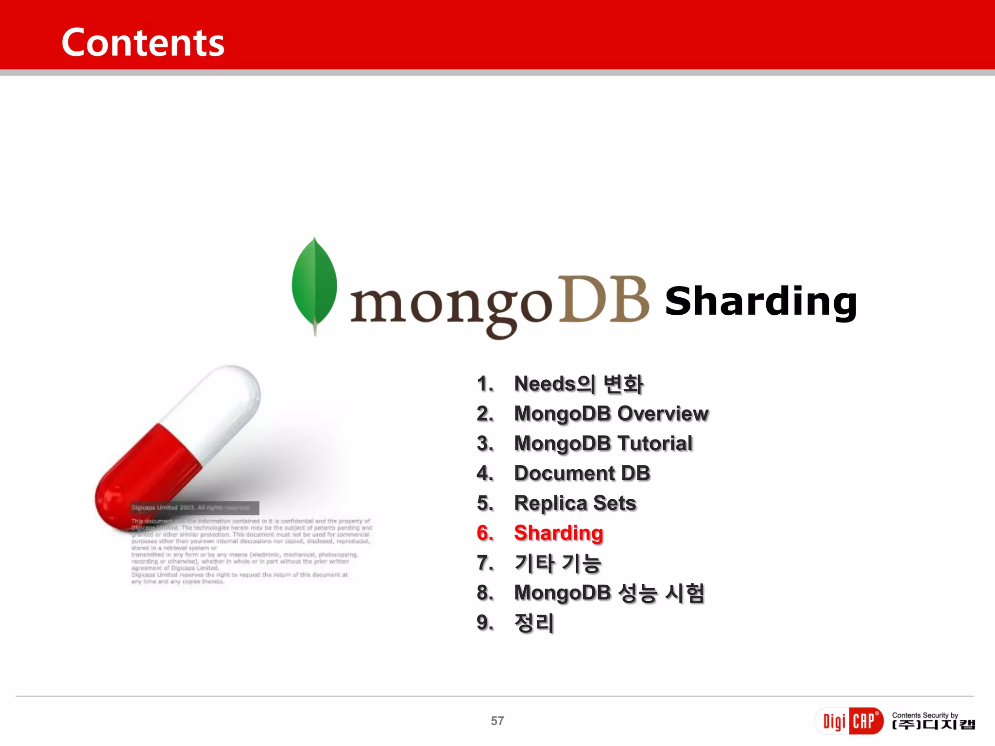 Contents




                             Sharding
           1.    Needs의 변화
           2.    MongoDB Overview
           3.    MongoDB Tutorial
           4.    Document DB
           5.    Replica Sets
           6.    Sharding
           7.    기타 기능
           8.    MongoDB 성능 시험
           9.    정리



            57
 
