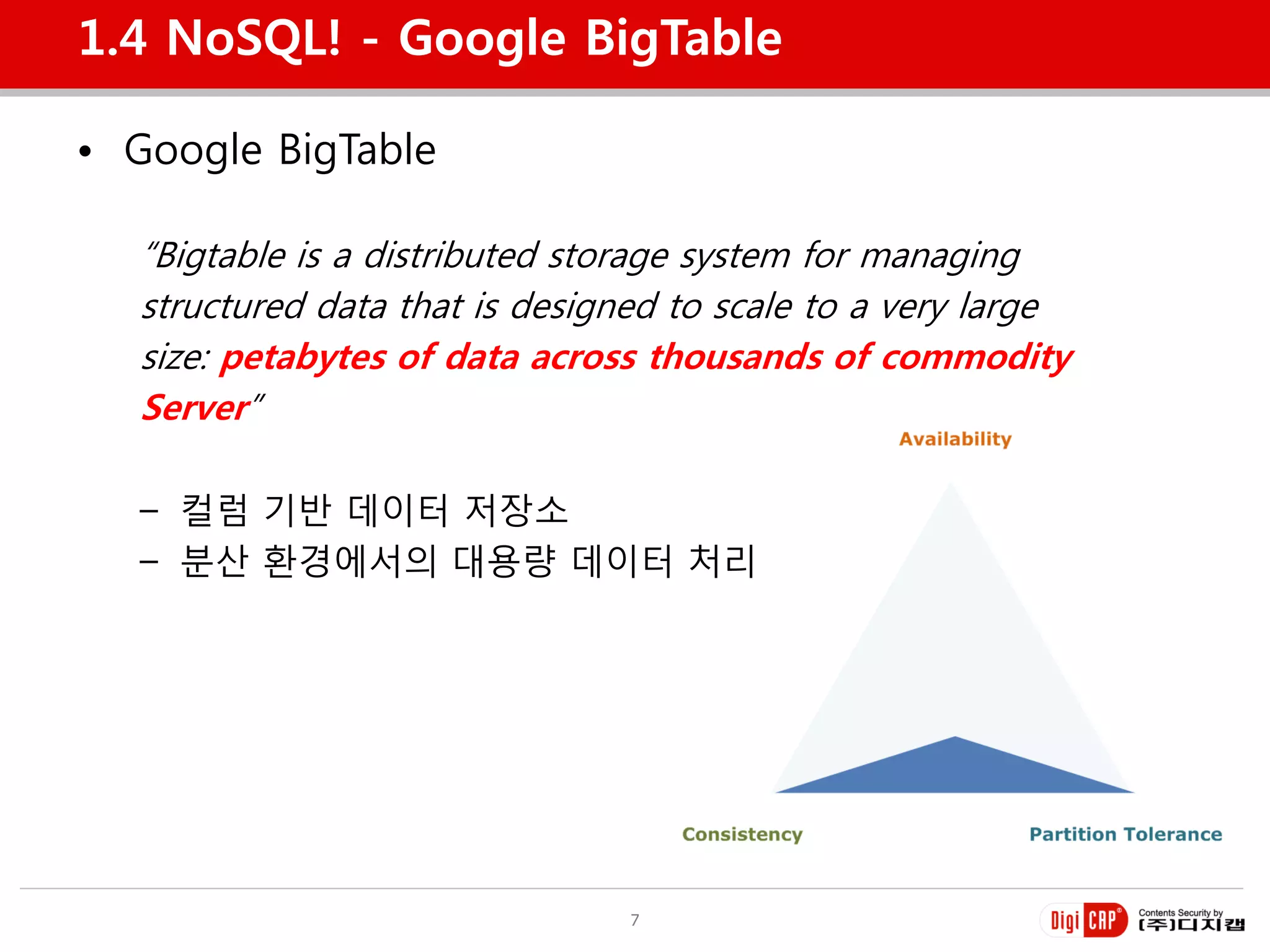 1.4 NoSQL! - Google BigTable

• Google BigTable

  “Bigtable is a distributed storage system for managing
  structured data that is designed to scale to a very large
  size: petabytes of data across thousands of commodity
  Server”

  – 컬럼 기반 데이터 저장소
  – 분산 홖경에서의 대용량 데이터 처리




                                7
 