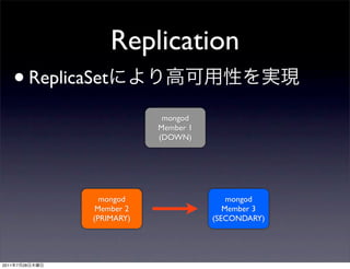 Replication
       • ReplicaSet
                              mongod
                             Member 1
                             (DOWN)




                   mongod                   mongod
                  Member 2                 Member 3
                 (PRIMARY)              (SECONDARY)




2011   7   28
 