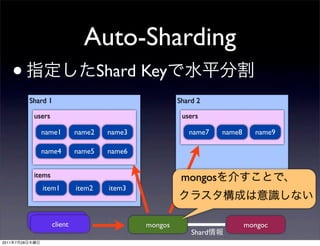 Auto-Sharding
       •                               Shard Key
                Shard 1                                  Shard 2

                 users                                    users

                   name1       name2    name3               name7    name8     name9

                   name4       name5    name6


                 items                                    mongos
                    item1      item2    item3



                     client
                      client                    mongos                       mongoc
                                                             Shard
2011   7   28
 