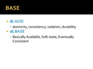    酸 ACID
     atomicity, consistency, isolation, durability
   碱 BASE
     Basically Available, Soft-state, Eventually
     Consistent
 