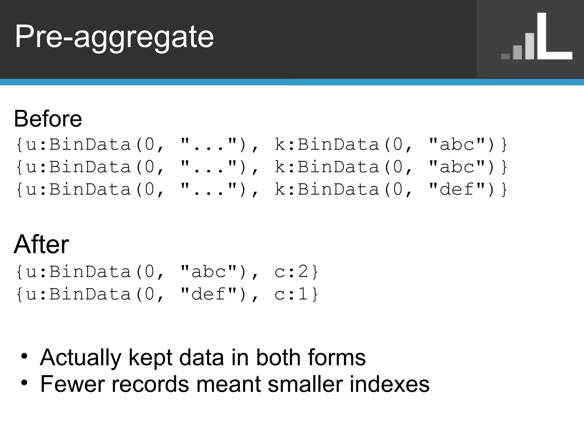 Pre-aggregate Before {u:BinData(0, &quot;...&quot;), k:BinData(0, &quot;abc&quot;)} {u:BinData(0, &quot;...&quot;), k:BinData(0, &quot;abc&quot;)} {u:BinData(0, &quot;...&quot;), k:BinData(0, &quot;def&quot;)} After {u:BinData(0, &quot;abc&quot;), c:2} {u:BinData(0, &quot;def&quot;), c:1} Actually kept data in both forms Fewer records meant smaller indexes 