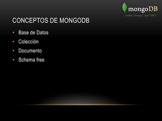 CONCEPTOS DE MONGODB
• Base de Datos
• Colección
• Documento
• Schema free
 