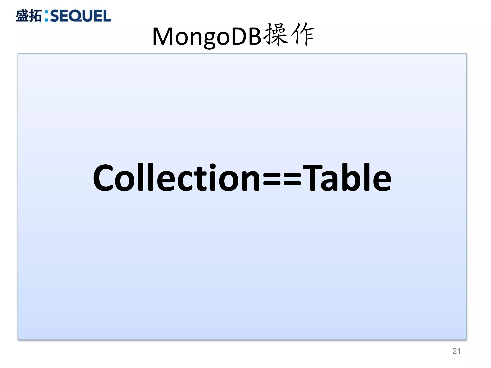MongoDB操作




Collection==Table


                    21
 