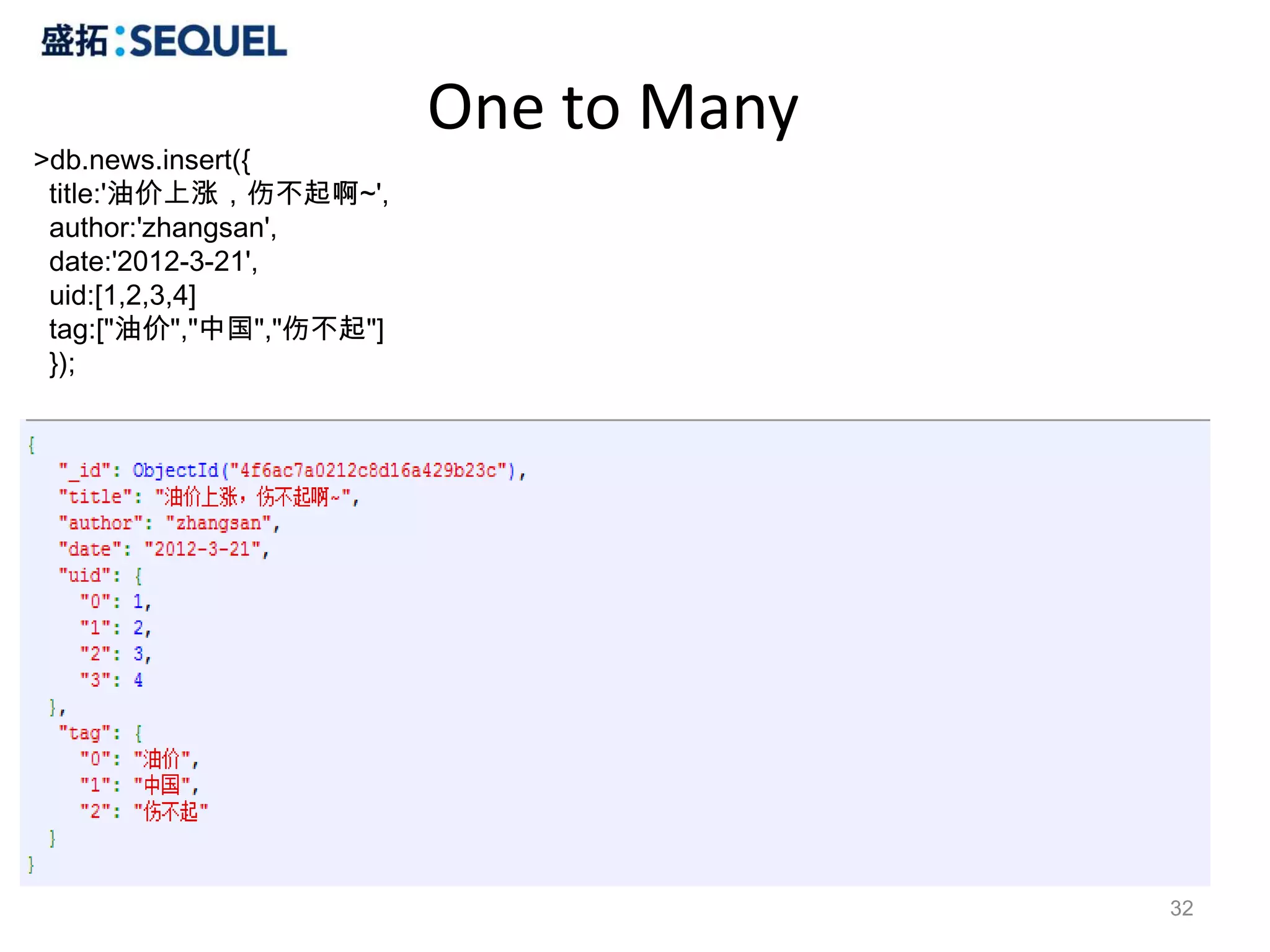 One to Many
>db.news.insert({
 title:'油价上涨，伤不起啊~',
 author:'zhangsan',
 date:'2012-3-21',
 uid:[1,2,3,4]
 tag:["油价","中国","伤不起"]
 });




                                       32
 