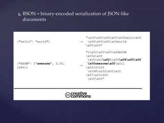    BSON = binary-encoded serialization of JSON-like
    documents
 