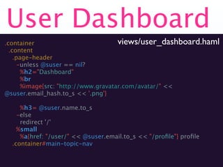 User Dashboard
.container                            views/user_dashboard.haml
  .content
    .page-header
      -unless @suser == nil?
       %h2="Dashboard"
       %br
       %image{src: "http://www.gravatar.com/avatar/" <<
@suser.email_hash.to_s << '.png'}

     %h3= @suser.name.to_s
    -else
     redirect '/'
    %small
     %a{href: "/user/" << @suser.email.to_s << "/proﬁle"} proﬁle
  .container#main-topic-nav
 