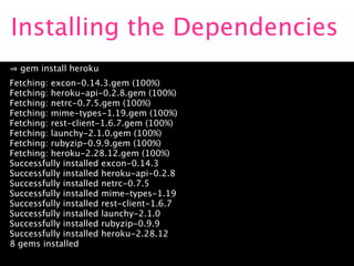 Installing the Dependencies
  gem install heroku
Fetching: excon-0.14.3.gem (100%)
Fetching: heroku-api-0.2.8.gem (100%)
Fetching: netrc-0.7.5.gem (100%)
Fetching: mime-types-1.19.gem (100%)
Fetching: rest-client-1.6.7.gem (100%)
Fetching: launchy-2.1.0.gem (100%)
Fetching: rubyzip-0.9.9.gem (100%)
Fetching: heroku-2.28.12.gem (100%)
Successfully installed excon-0.14.3
Successfully installed heroku-api-0.2.8
Successfully installed netrc-0.7.5
Successfully installed mime-types-1.19
Successfully installed rest-client-1.6.7
Successfully installed launchy-2.1.0
Successfully installed rubyzip-0.9.9
Successfully installed heroku-2.28.12
8 gems installed
 