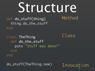 Structure
def do_stuff(thing)          Method
  thing.do_the_stuff
end

class TheThing               Class
  def do_the_stuff
    puts "Stuff was done!"
  end
end

do_stuff(TheThing.new)       Invocation
 