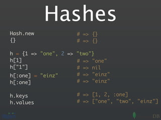 Hashes
Hash.new              # => {}
{}                    # => {}

h = {1 => "one", 2 => "two"}
h[1]                  # => "one"
h["1"]                # => nil
h[:one] = "einz"      # => "einz"
h[:one]               # => "einz"

h.keys                # => [1, 2, :one]
h.values              # => ["one", "two", "einz"]
 