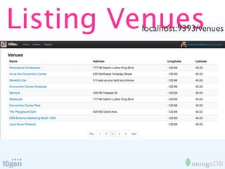 Listing Venues
         localhost:9393/venues
 