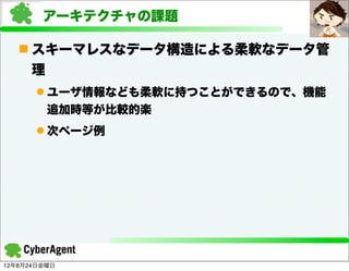 アーキテクチャの課題

   n スキーマレスなデータ構造による柔軟なデータ管
     理
      l ユーザ情報なども柔軟に持つことができるので、機能
         追加時等が比較的楽
      l 次ページ例




12年8月24日金曜日
 