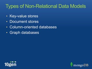 Types of Non-Relational Data Models
•  Key-value stores
•  Document stores
•  Column-oriented databases
•  Graph databases
 