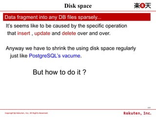 Disk space
Data fragment into any DB files sparsely...
It’s seems like to be caused by the specific operation
 that insert...