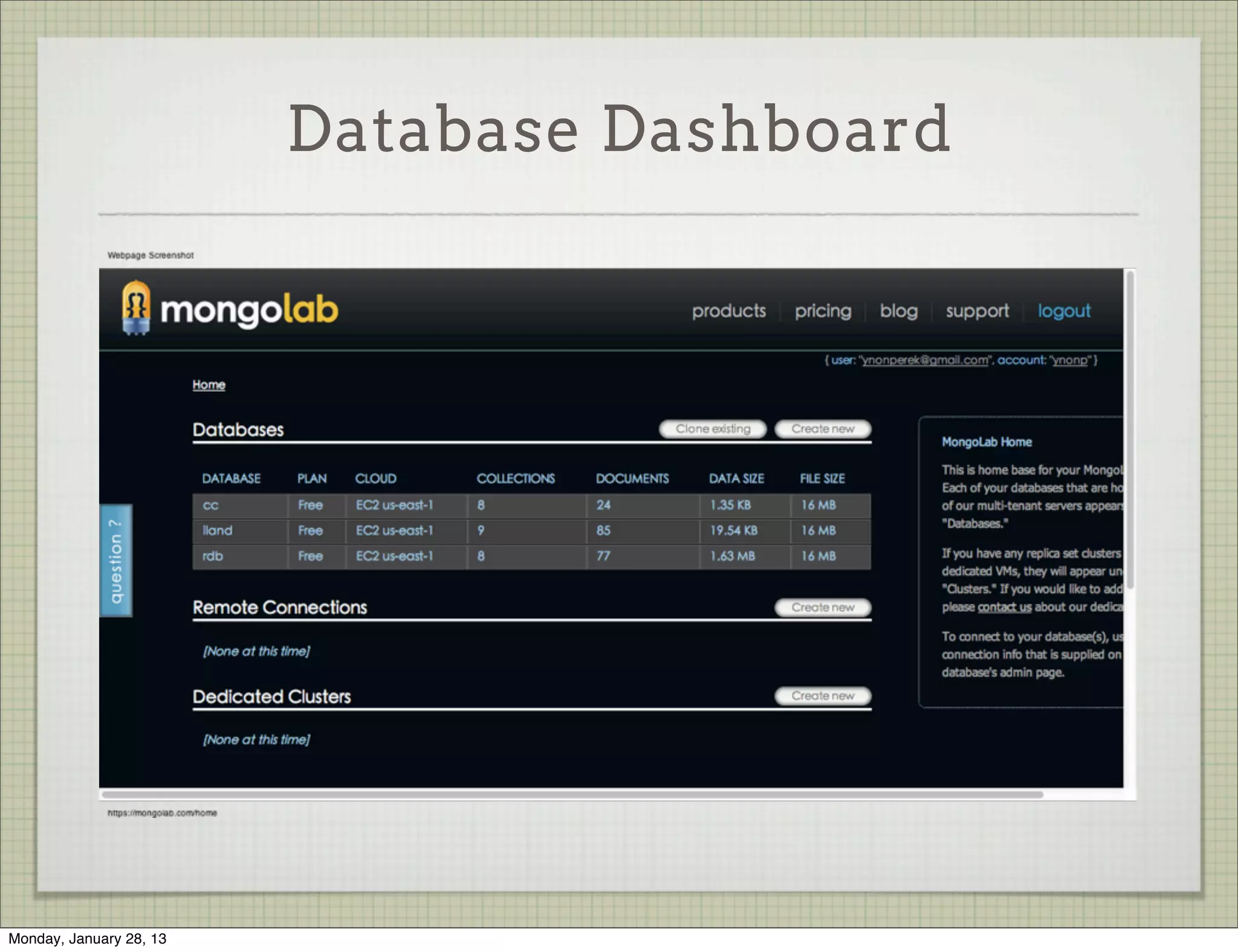 Mongo Test Drive
                           Create MongoLab Account And Start Using The DB


Thursday, January 31, 13
 