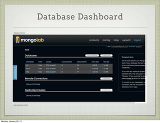 Mongo Test Drive
                           Create MongoLab Account And Start Using The DB


Thursday, January 31, 13
 