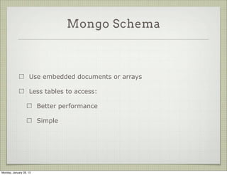 Mongo Data Model



                     Let’s model A blog post
                     in a blog app

                     What’s The Data ?

                     How Should You Save
                     It ?




Thursday, January 31, 13
 