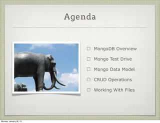 Agenda


                                MongoDB Overview

                                Mongo Test Drive

                                Mongo Data Model

                                CRUD Operations

                                Working With Files




Thursday, January 31, 13
 
