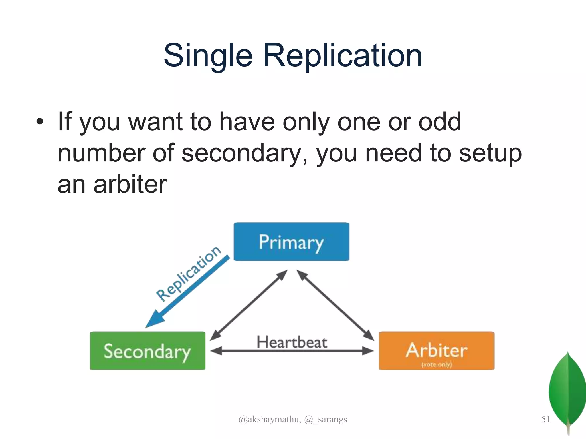 Single Replication
• If you want to have only one or odd
number of secondary, you need to setup
an arbiter
@akshaymathu, @_sarangs 51
 
