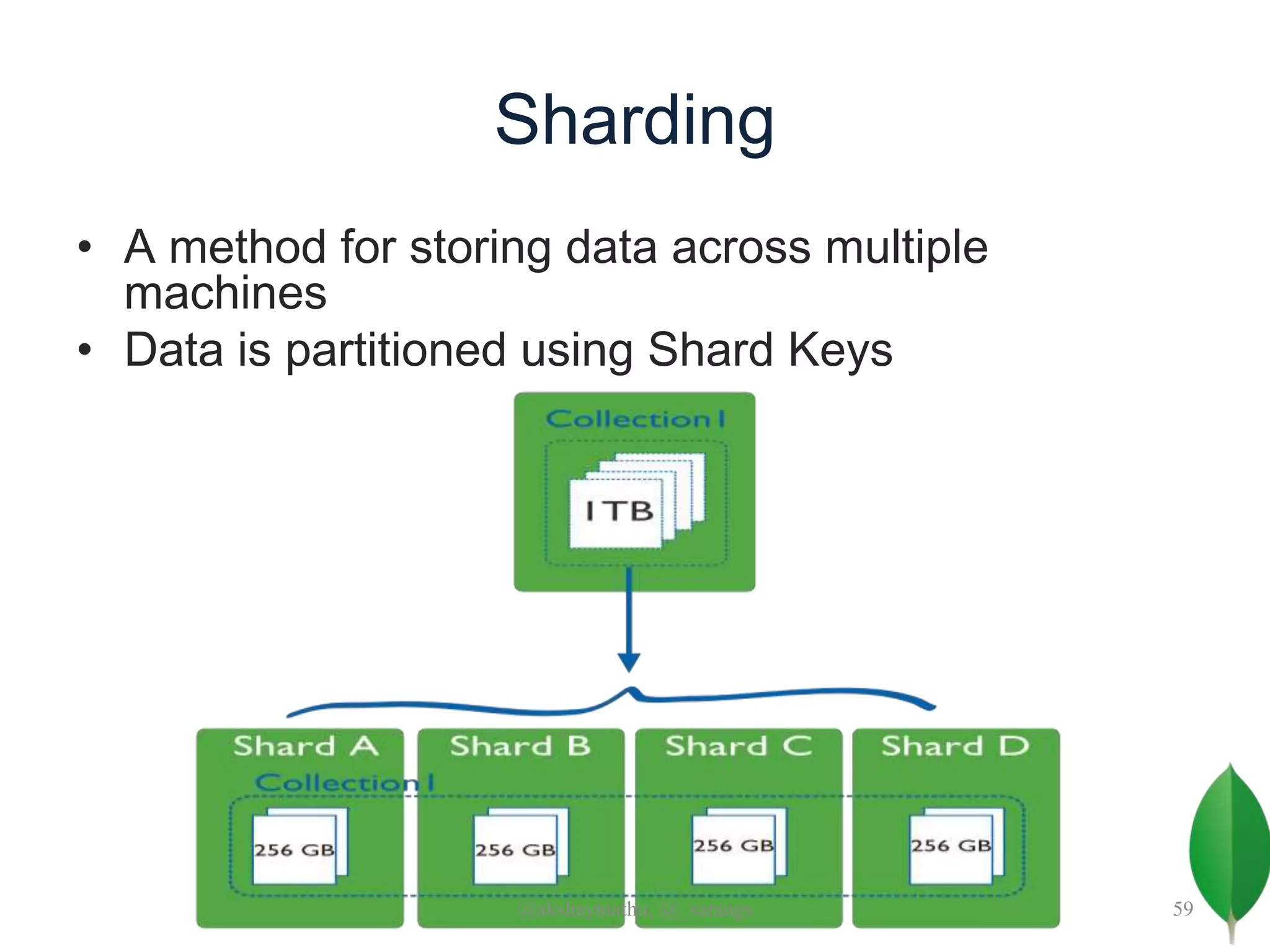 Sharding
• A method for storing data across multiple
machines
• Data is partitioned using Shard Keys
@akshaymathu, @_sarangs 59
 