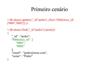 Primeiro cenário
> db.alunos.update({'_id':'pedro'},{$set:{'biblioteca_id':
['0001','0002']}})
> db.alunos.find({'_id':'pedro'}).pretty()
{
"_id" : "pedro",
"biblioteca_id" : [
"0001",
"0002"
],
"email" : "pedro@teste.com",
"nome" : "Pedro"
}

 