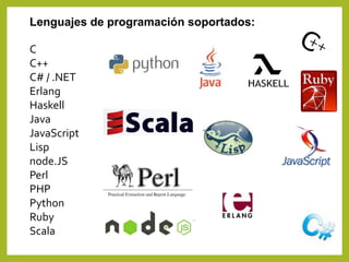 Lenguajes de programación soportados:
C
C++
C# / .NET
Erlang
Haskell
Java
JavaScript
Lisp
node.JS
Perl
PHP
Python
Ruby
Scala
 