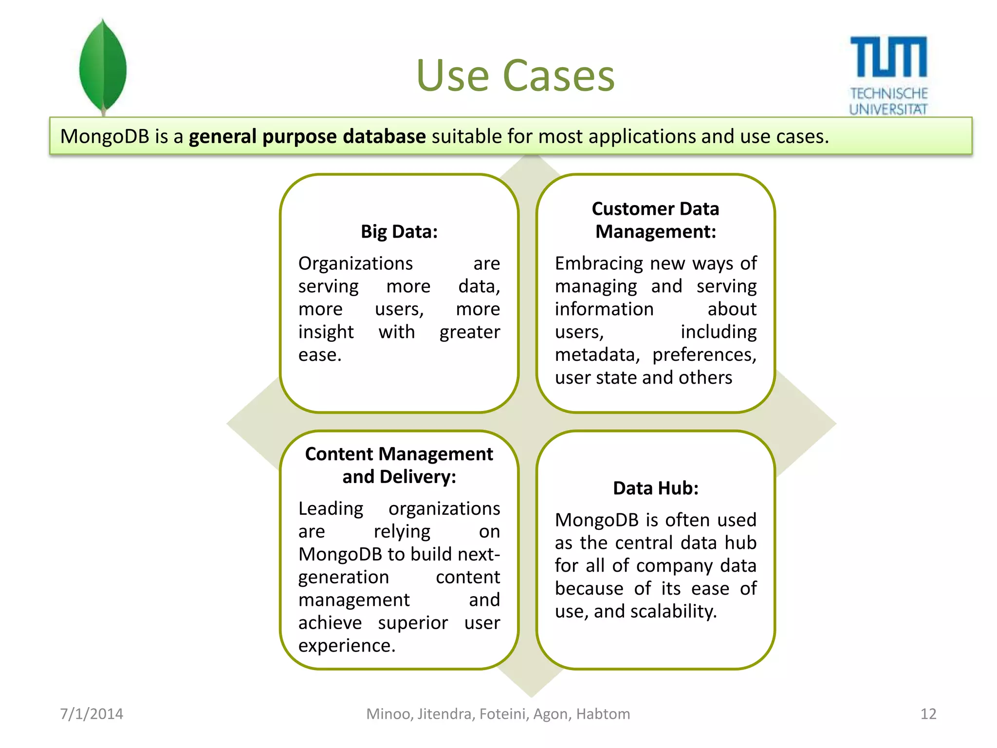 Use Cases
MongoDB is a general purpose database suitable for most applications and use cases.

Big Data:
Organizations
are
serving more data,
more
users,
more
insight with greater
ease.

Content Management
and Delivery:

Leading organizations
are
relying
on
MongoDB to build nextgeneration
content
management
and
achieve superior user
experience.
7/1/2014

Customer Data
Management:
Embracing new ways of
managing and serving
information
about
users,
including
metadata, preferences,
user state and others

Data Hub:
MongoDB is often used
as the central data hub
for all of company data
because of its ease of
use, and scalability.

Minoo, Jitendra, Foteini, Agon, Habtom

12

 