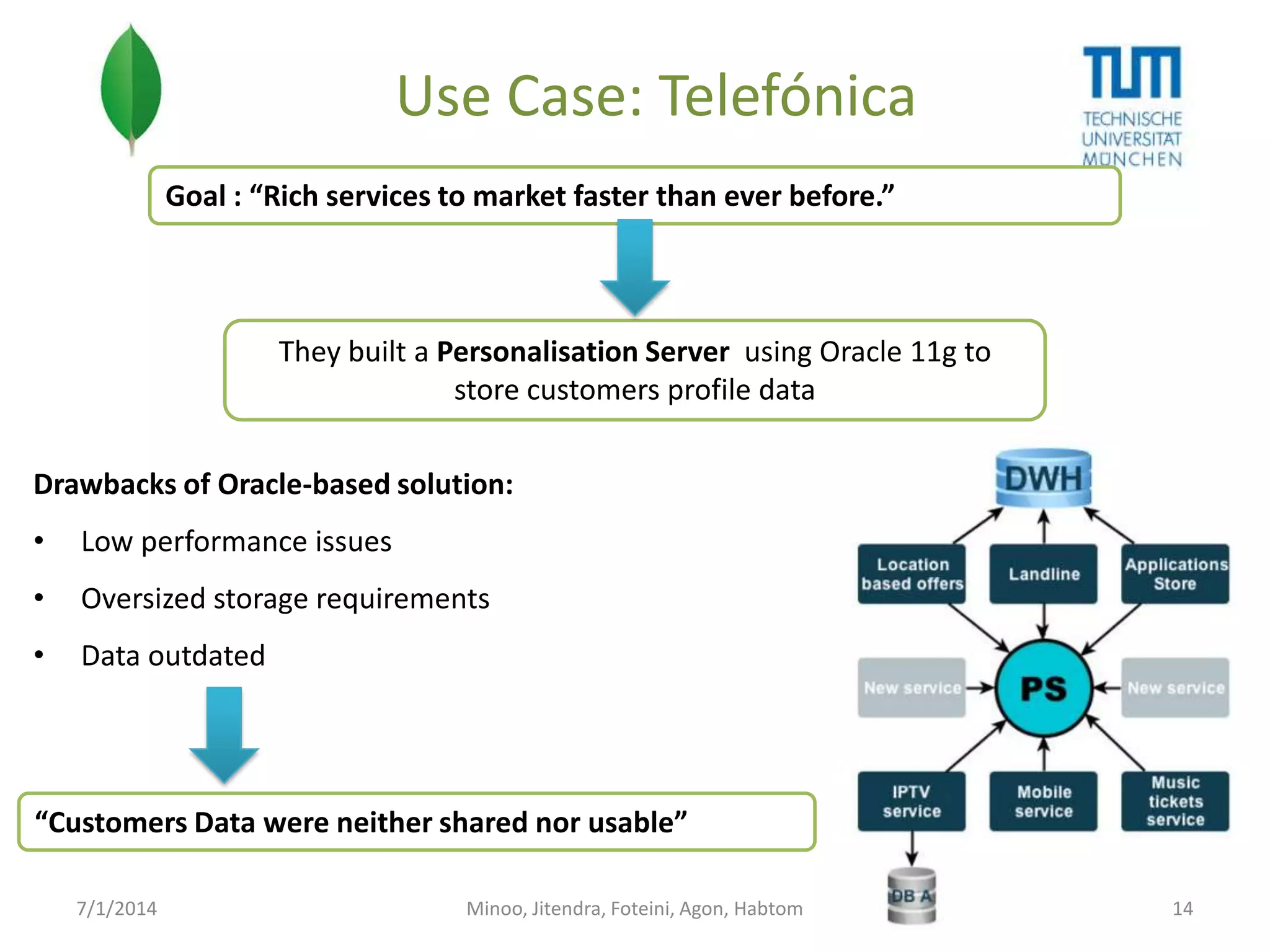 Use Case: Telefónica
Goal : “Rich services to market faster than ever before.”

They built a Personalisation Server using Oracle 11g to
store customers profile data
Drawbacks of Oracle-based solution:

•

Low performance issues

•

Oversized storage requirements

•

Data outdated

“Customers Data were neither shared nor usable”
7/1/2014

Minoo, Jitendra, Foteini, Agon, Habtom

14

 