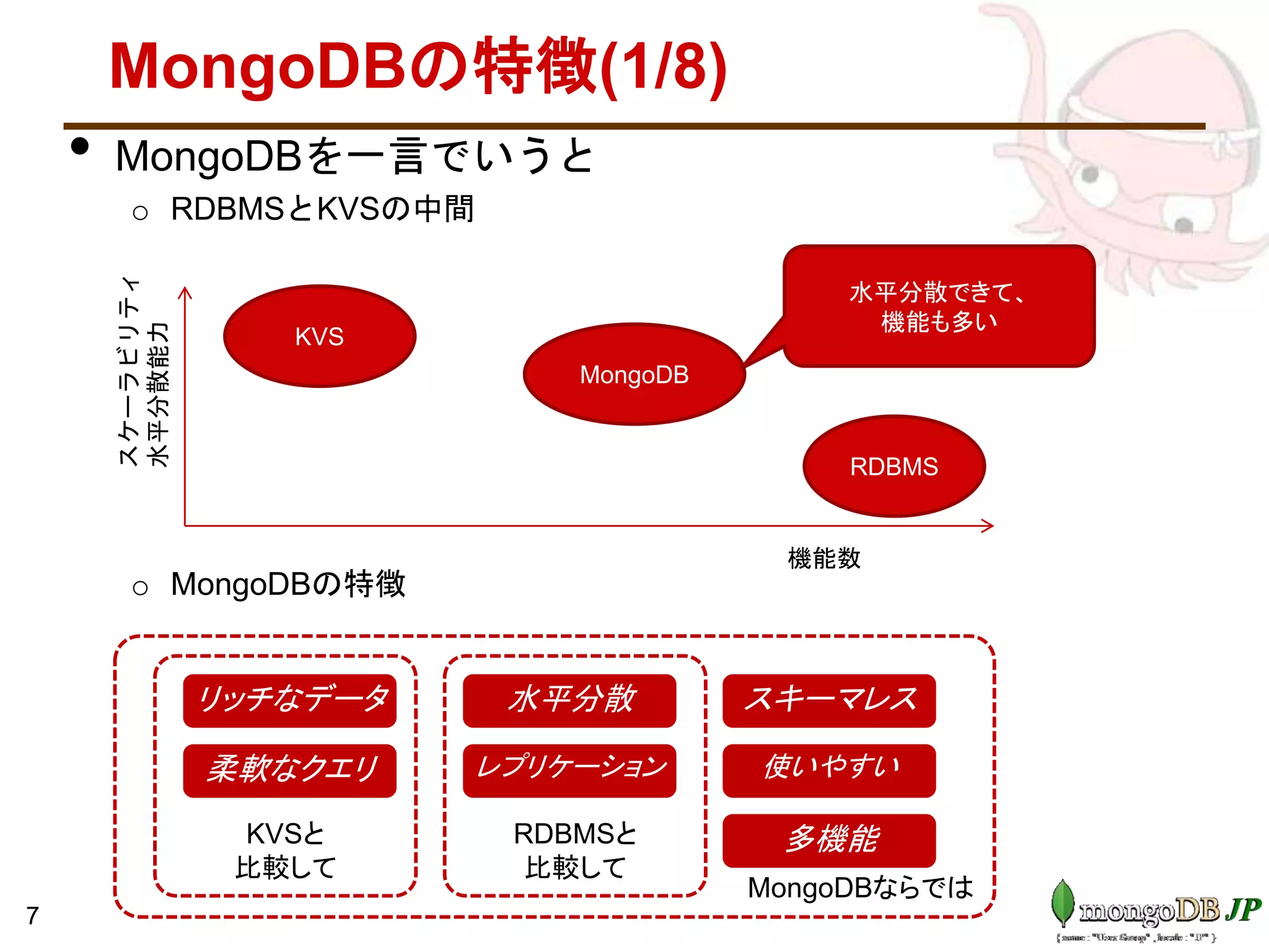 MongoDBの特徴(1/8)
• MongoDBを一言でいうと
o RDBMSとKVSの中間
o MongoDBの特徴
7
水平分散 スキーマレス
多機能
リッチなデータ
レプリケーション 使いやすい柔軟なクエリ
KVSと
比較して
RDBMSと
比較して
MongoDBならでは
機能数
スケーラビリティ
水平分散能力
KVS
RDBMS
MongoDB
水平分散できて、
機能も多い
 