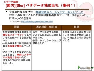 [国内][SIer] ペタデータ株式会社（事例１）
• 音楽専門放送業 大手「株式会社スペースシャワーネットワーク」
70以上の配信サイトの配信実績情報の統合サービス （Allegro IoT）
にMongoDBを活用
o 公式HP：http://petadata.jp/ja/OurWorks001.html
課題 選定理由・解決策 結果
•配信実績情報は事業者毎に
異なるフォーマットであり
、それを統一する必要があ
った。
•一部の事業者の配信実績情
報を手作業で整形していた
。
•フォーマットが変更される
こともあり、事前にスキー
マが決定できないため、
従来のRDBMSに格納が難
しかった。
•スキーマを決定する前に、
システムに取込む必要があ
ったため。
•容易にレプリケーションが
可能なため。
•手作業によるミスがなくな
り、事務作業が格段に減っ
た。利用企業より好評を得
ている
5.データ統合
 