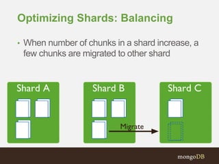 Optimizing Shards: Balancing
• When number of chunks in a shard increase, a
few chunks are migrated to other shard
 