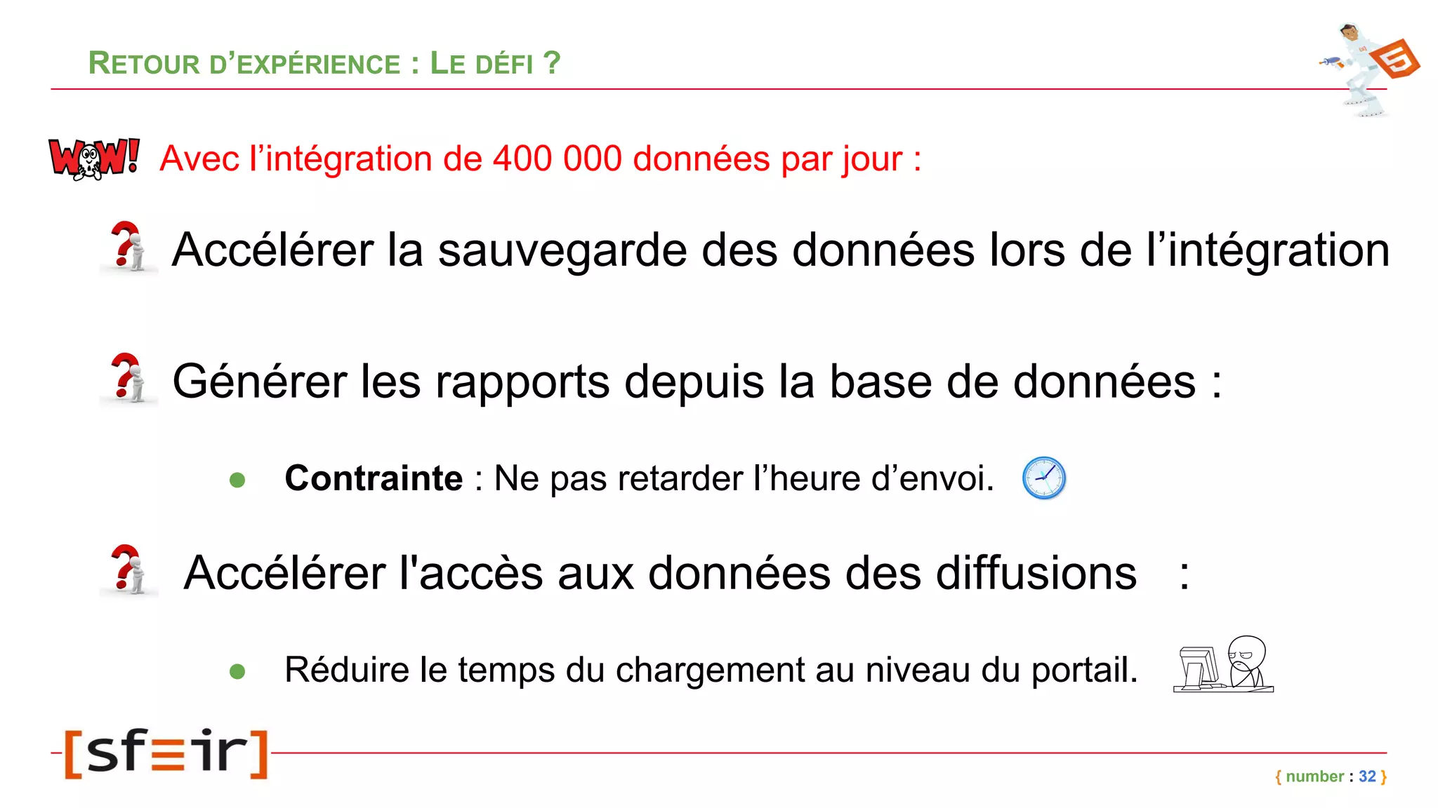 RETOUR D’EXPÉRIENCE : LE DÉFI ?
Générer les rapports depuis la base de données :
{ number : 32 }
● Contrainte : Ne pas retarder l’heure d’envoi.
● Réduire le temps du chargement au niveau du portail.
Accélérer l'accès aux données des diffusions :
Avec l’intégration de 400 000 données par jour :
Accélérer la sauvegarde des données lors de l’intégration
 