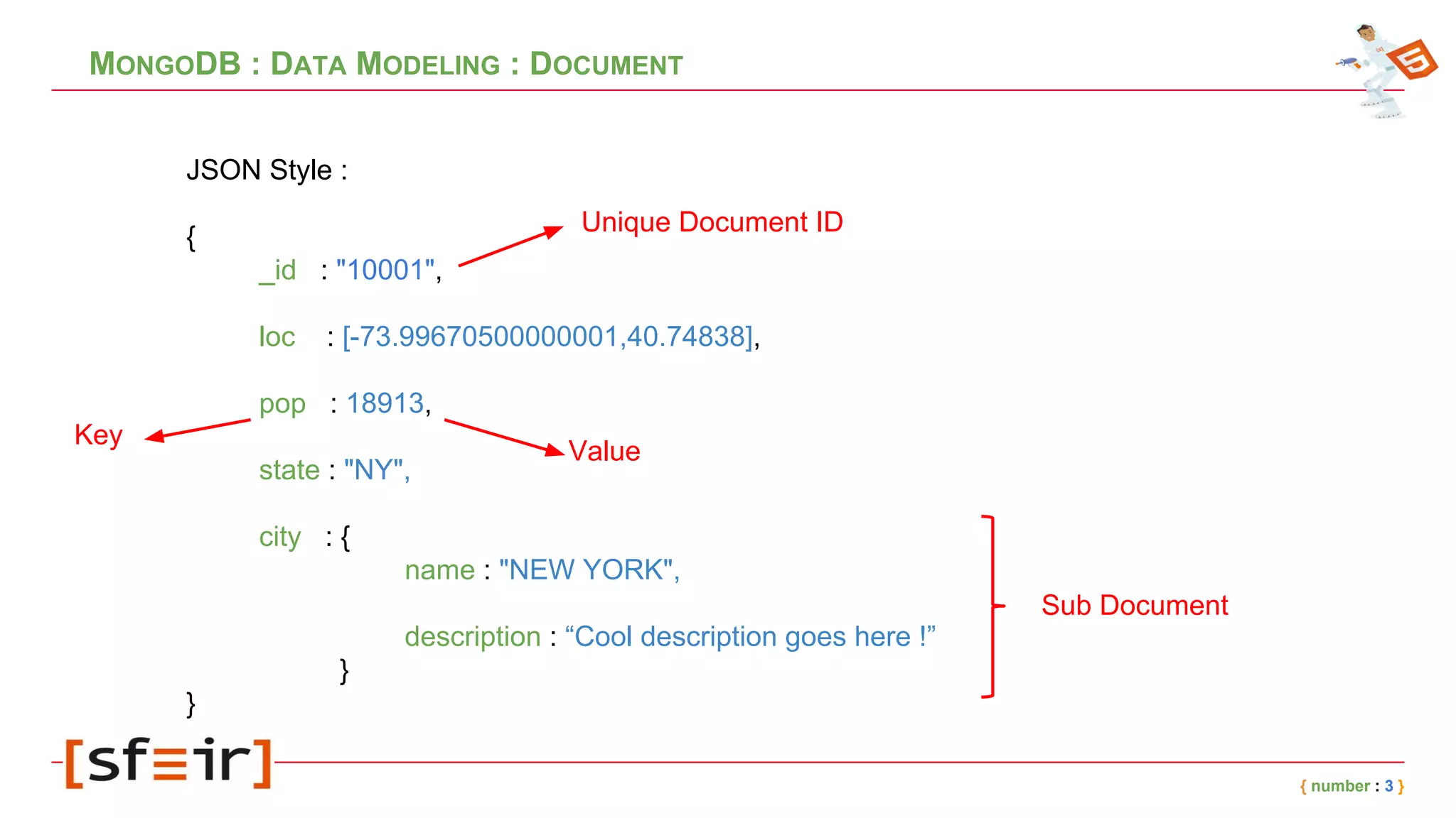 JSON Style :
{
_id : "10001",
loc : [-73.99670500000001,40.74838],
pop : 18913,
state : "NY",
city : {
name : "NEW YORK",
description : “Cool description goes here !”
}
}
MONGODB : DATA MODELING : DOCUMENT
{ number : 3 }
Unique Document ID
Key
Value
Sub Document
 