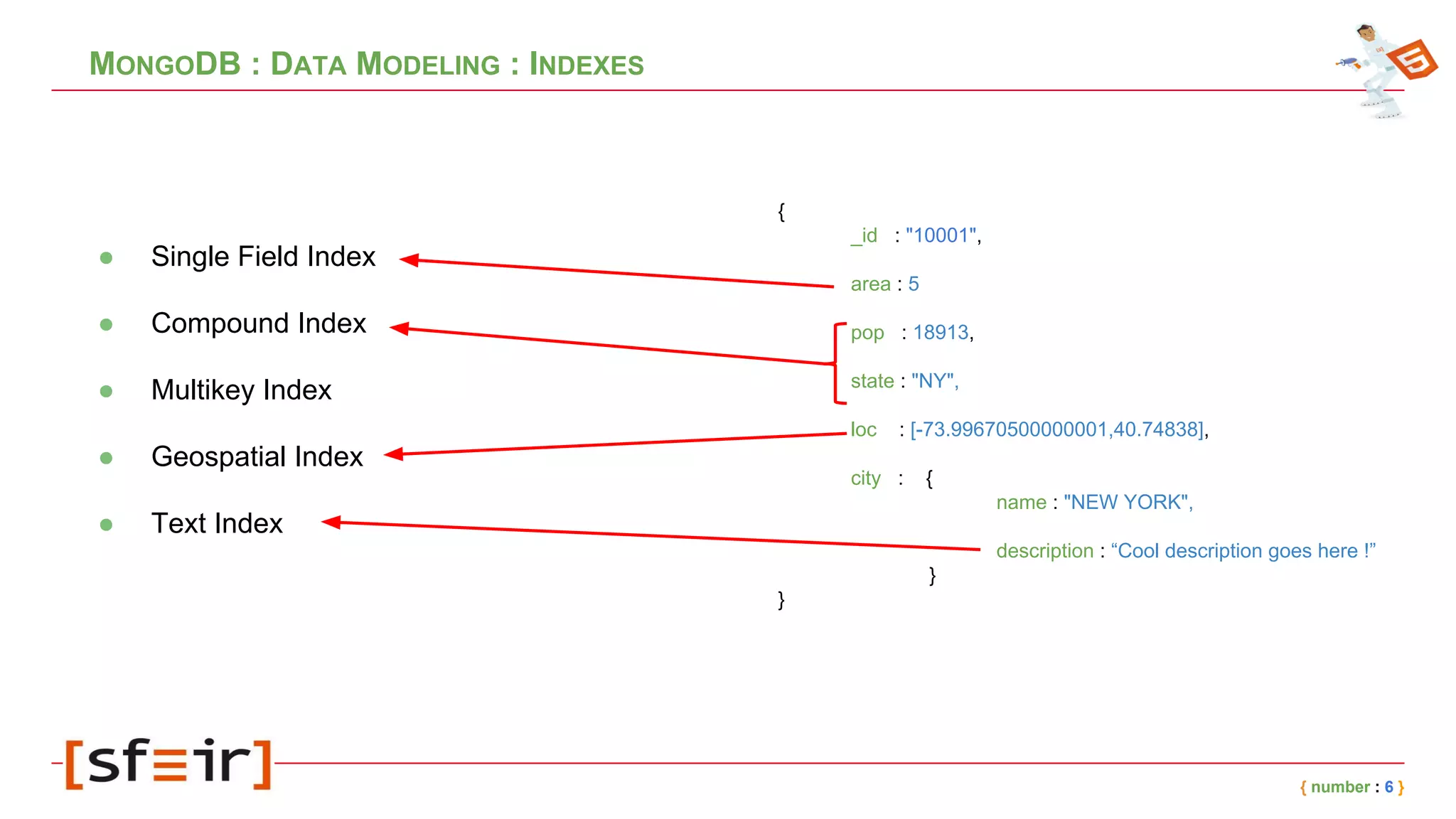 MONGODB : DATA MODELING : INDEXES
{ number : 6 }
{
_id : "10001",
area : 5
pop : 18913,
state : "NY",
loc : [-73.99670500000001,40.74838],
city : {
name : "NEW YORK",
description : “Cool description goes here !”
}
}
● Single Field Index
● Compound Index
● Multikey Index
● Geospatial Index
● Text Index
 