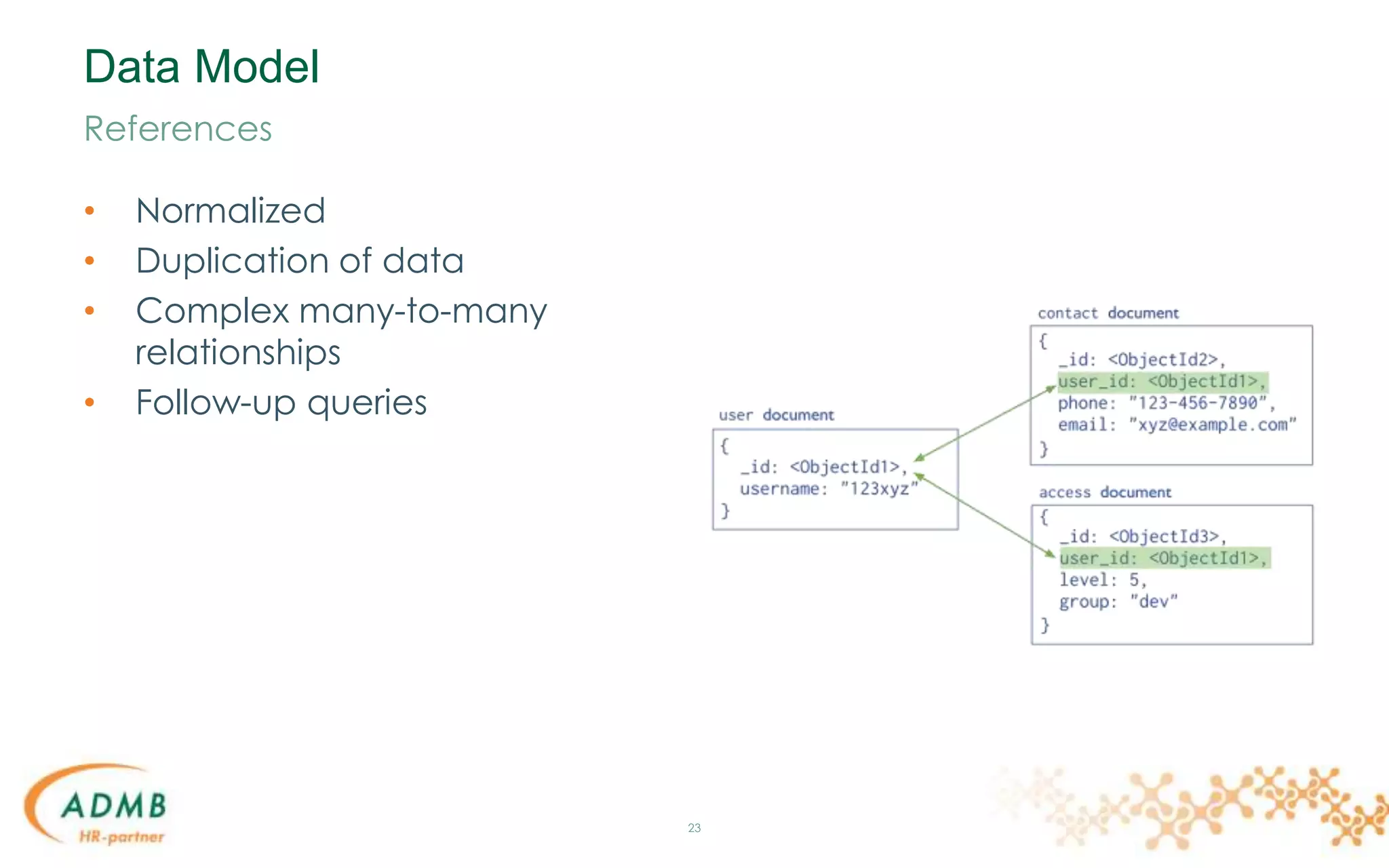 Data Model
• Normalized
• Duplication of data
• Complex many-to-many
relationships
• Follow-up queries
23
References
 