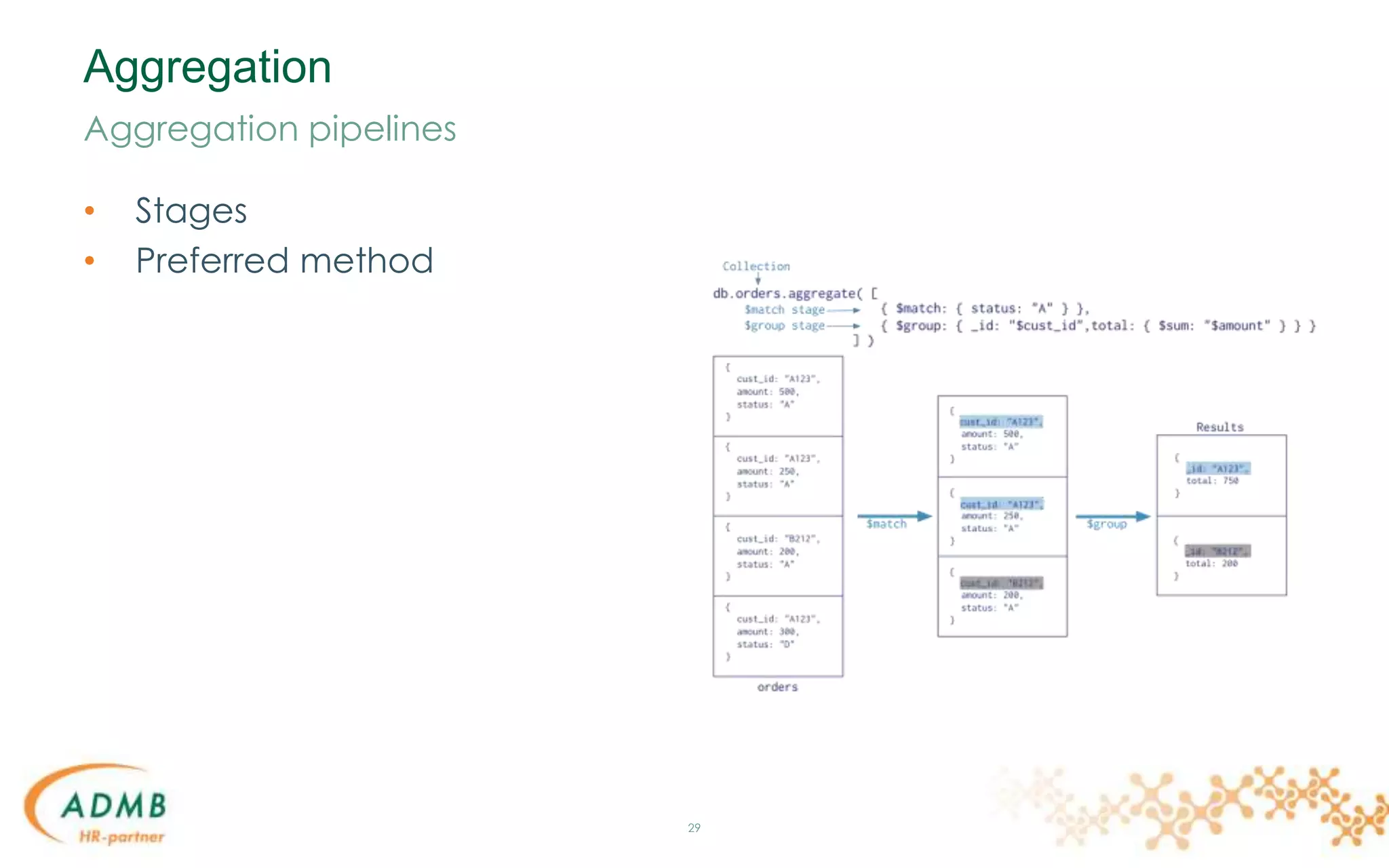 Aggregation
• Stages
• Preferred method
29
Aggregation pipelines
 