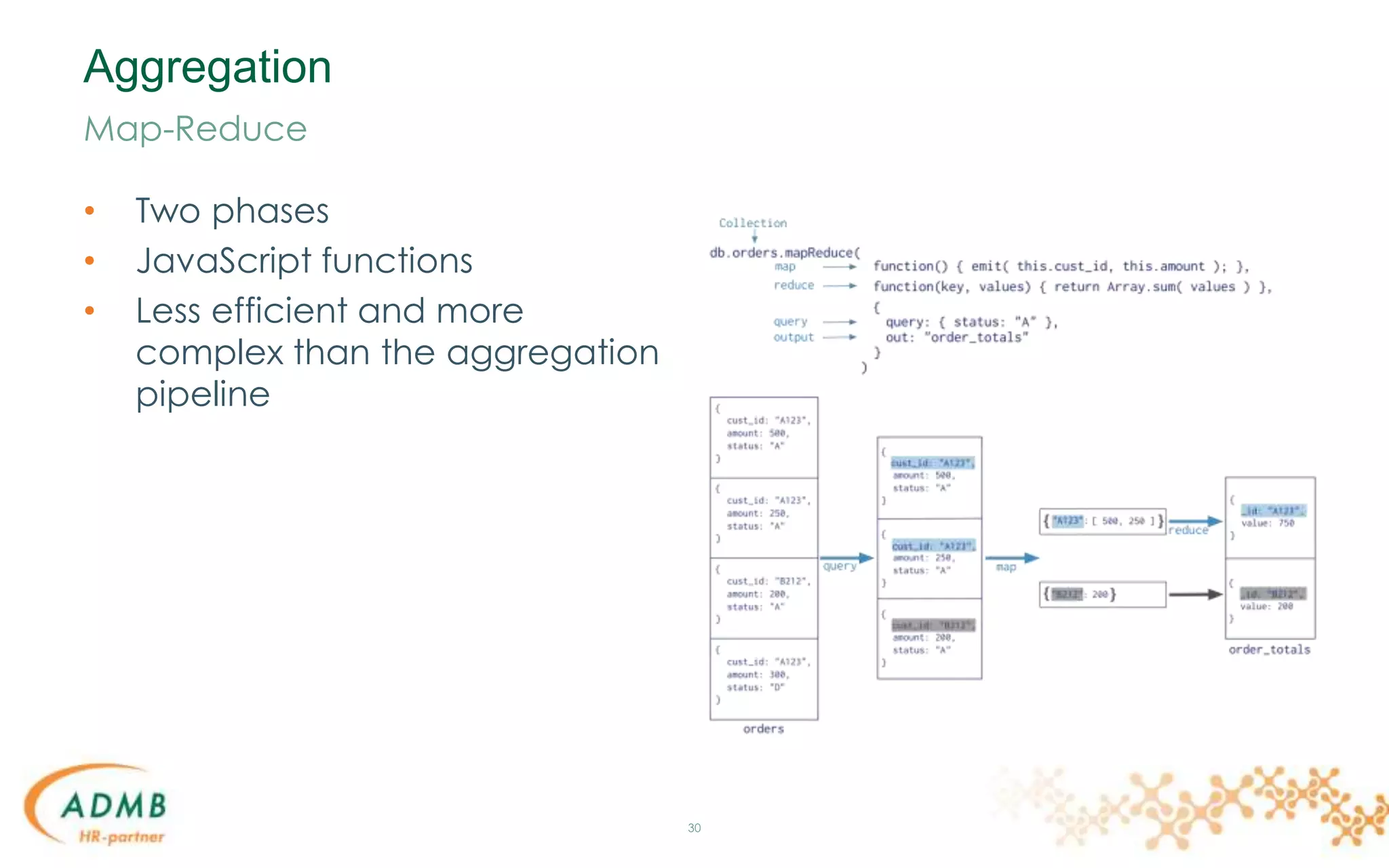 Aggregation
• Two phases
• JavaScript functions
• Less efficient and more
complex than the aggregation
pipeline
30
Map-Reduce
 