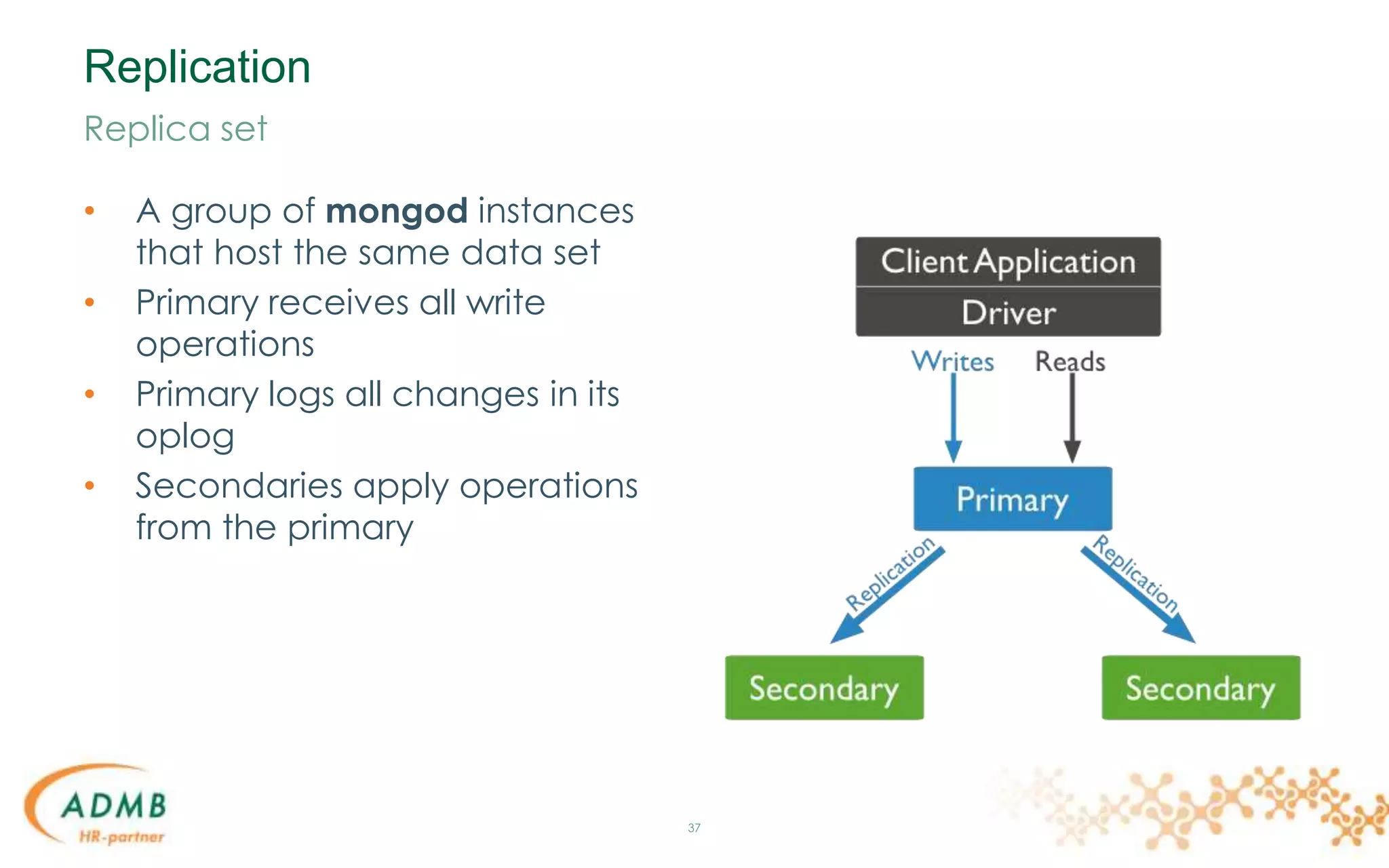 Replication
• A group of mongod instances
that host the same data set
• Primary receives all write
operations
• Primary logs all changes in its
oplog
• Secondaries apply operations
from the primary
37
Replica set
 