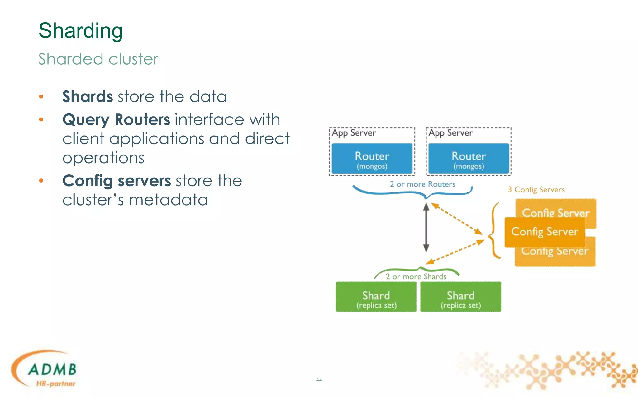 Sharding
• Shards store the data
• Query Routers interface with
client applications and direct
operations
• Config servers store the
cluster’s metadata
44
Sharded cluster
 