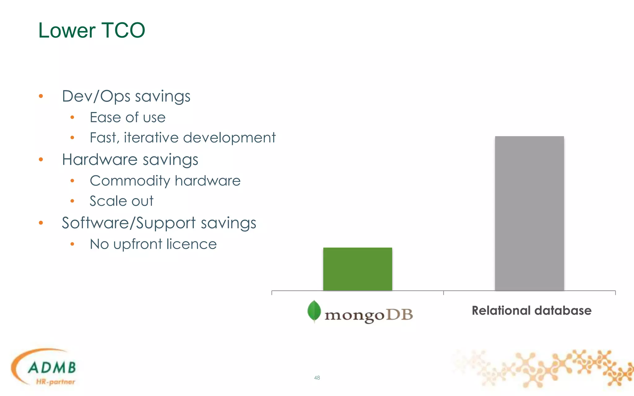 Lower TCO
• Dev/Ops savings
• Ease of use
• Fast, iterative development
• Hardware savings
• Commodity hardware
• Scale out
• Software/Support savings
• No upfront licence
48
Relational database
 