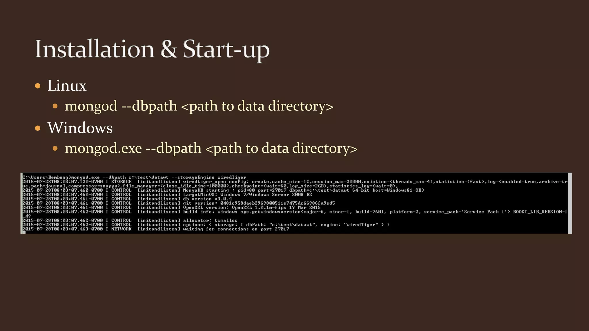  Linux
 mongod --dbpath <path to data directory>
 Windows
 mongod.exe --dbpath <path to data directory>
 