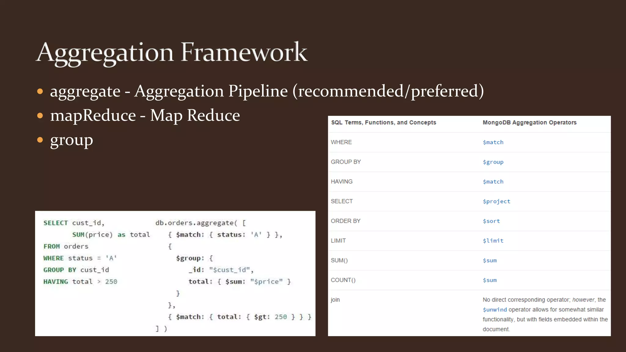  aggregate - Aggregation Pipeline (recommended/preferred)
 mapReduce - Map Reduce
 group
 